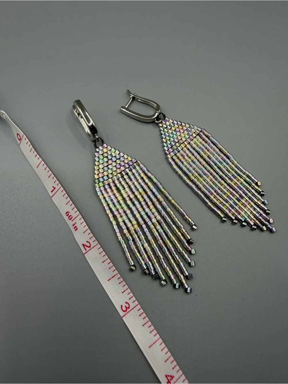 Iridescent Multicolor Seed Bead Fringe Earrings - Unbranded
